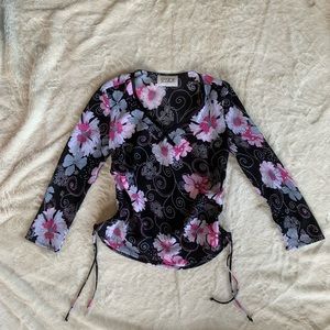 Vintage Jessica Black, Pink, & White Sheer Floral 3/4 Length Long Sleeve Top